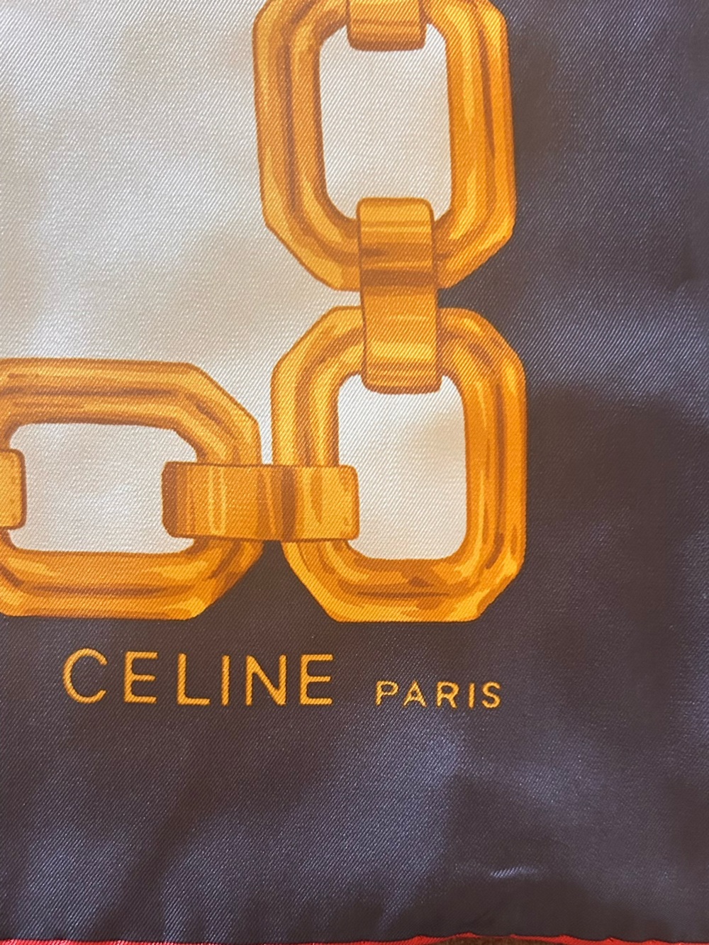 Celine Navy, White & Gold Chain Motif Silk Scarf 34” x 34” EUC - Picture 7 of 9